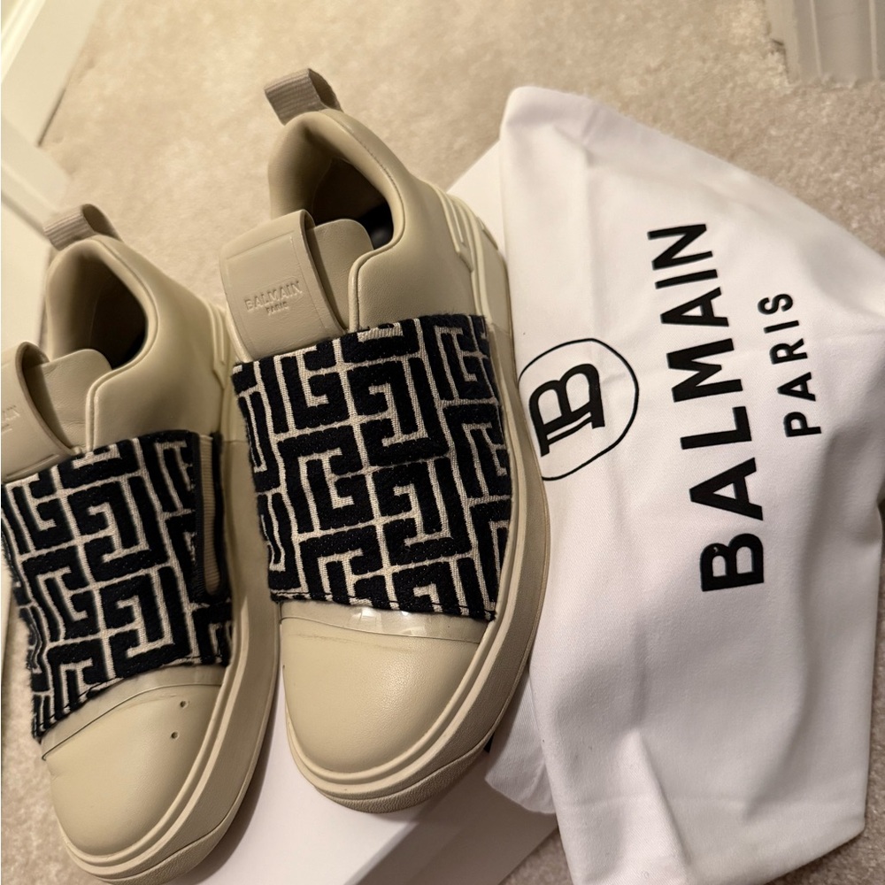 Balmain Cream and Black Patterned Slip-On Sneakers